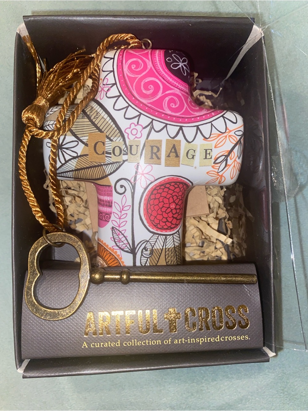Demdaco Pink & Gold 'Courage' Decorative Cross with Key Charm